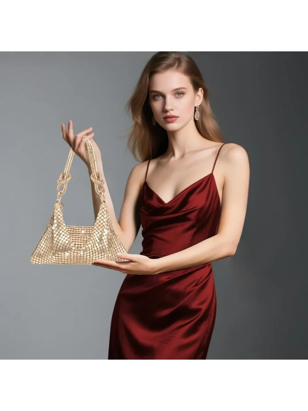 Women Gold Paillettes Rhinestone Mesh Clutch Evening Handbag Wedding Party Purse